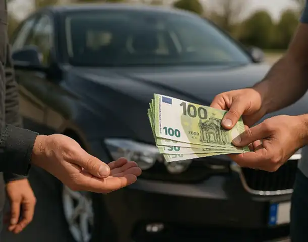 Ein Kunde erhält Bargeld beim Autoankauf in Alsdorf.